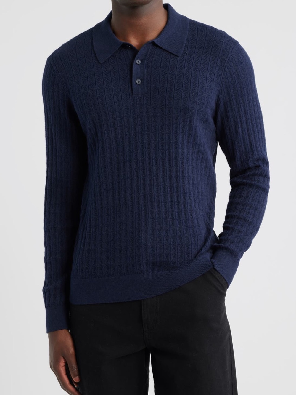 WAX LONDON Oban Diamond Stripe Cotton & Cashmere Polo Sweater in Navy Size S NWT